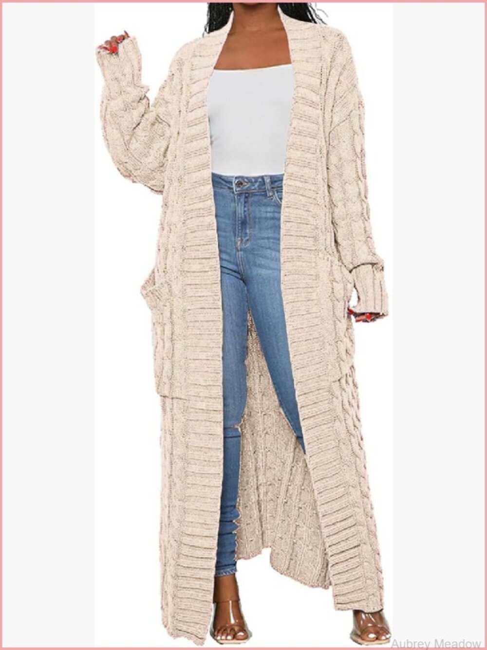 Extra Long Cable Knit Cardigan with Pockets Open Front Sweater Coat